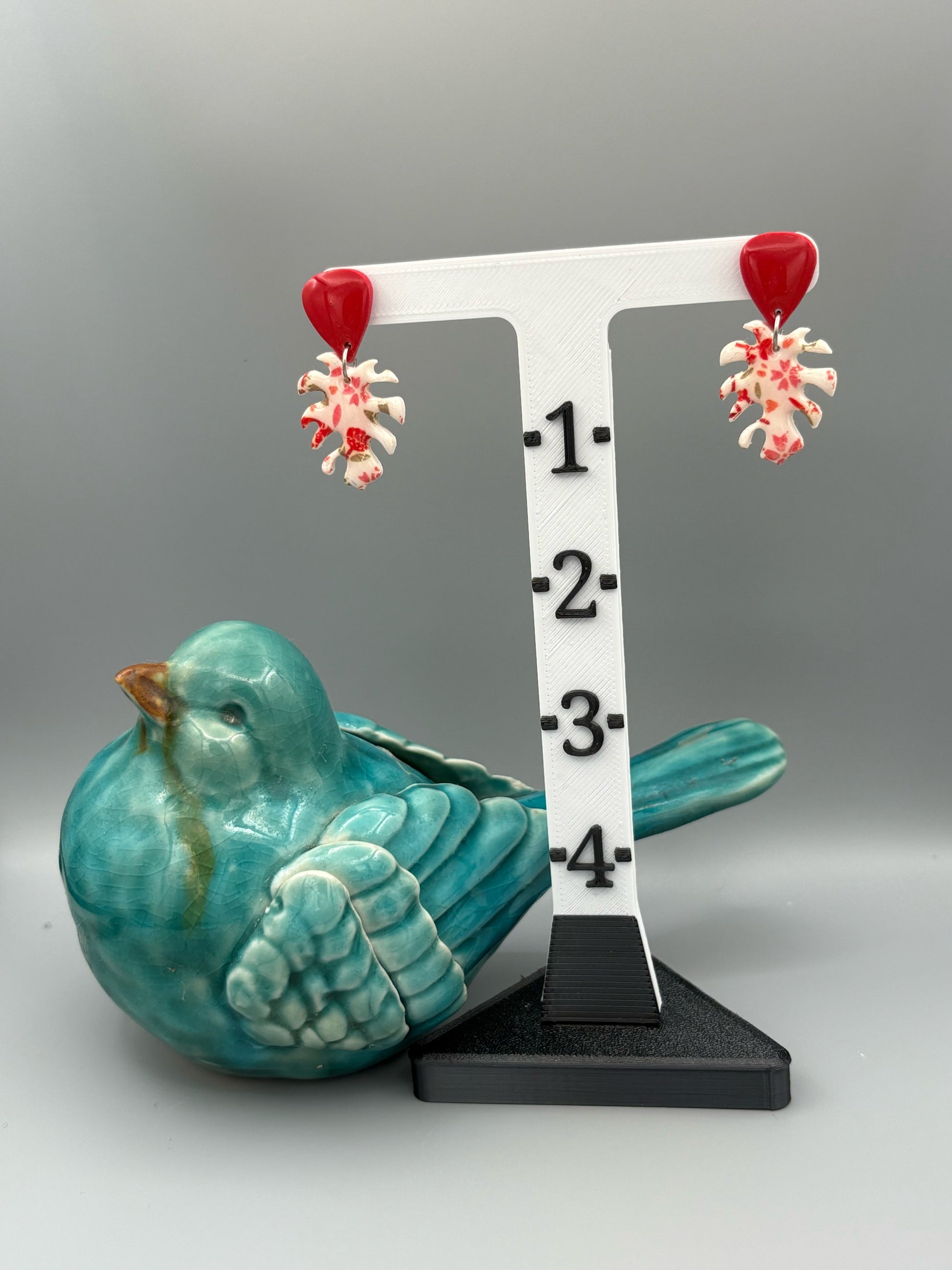 Flower Pattern Monstera Leaf Dangle Earrings - handcrafted polymer clay earrings by Lakeside Clay