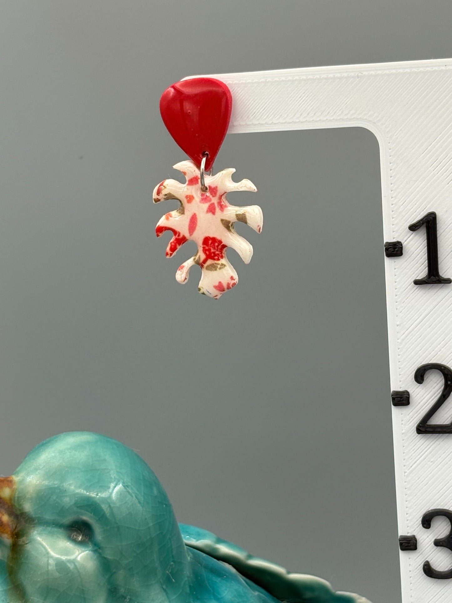 Flower Pattern Monstera Leaf Dangle Earrings - handcrafted polymer clay earrings by Lakeside Clay