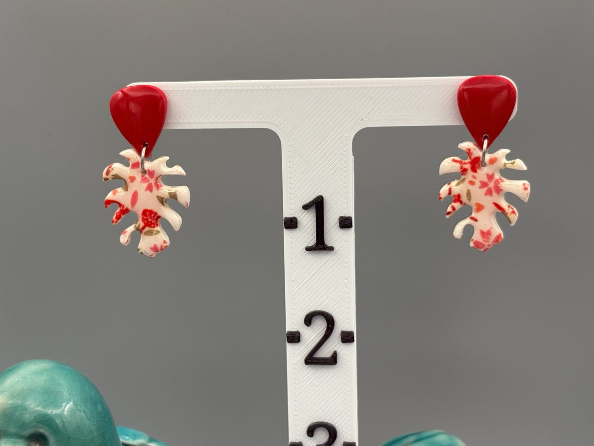 Flower Pattern Monstera Leaf Dangle Earrings - handcrafted polymer clay earrings by Lakeside Clay