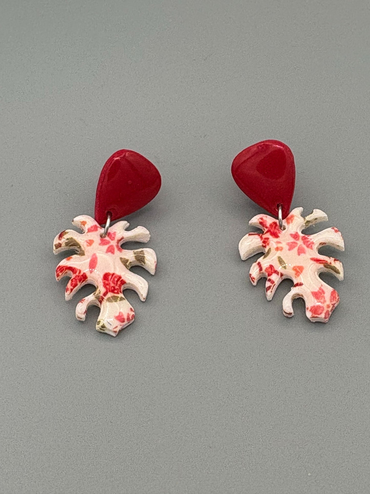 Flower Pattern Monstera Leaf Dangle Earrings - handcrafted polymer clay earrings by Lakeside Clay