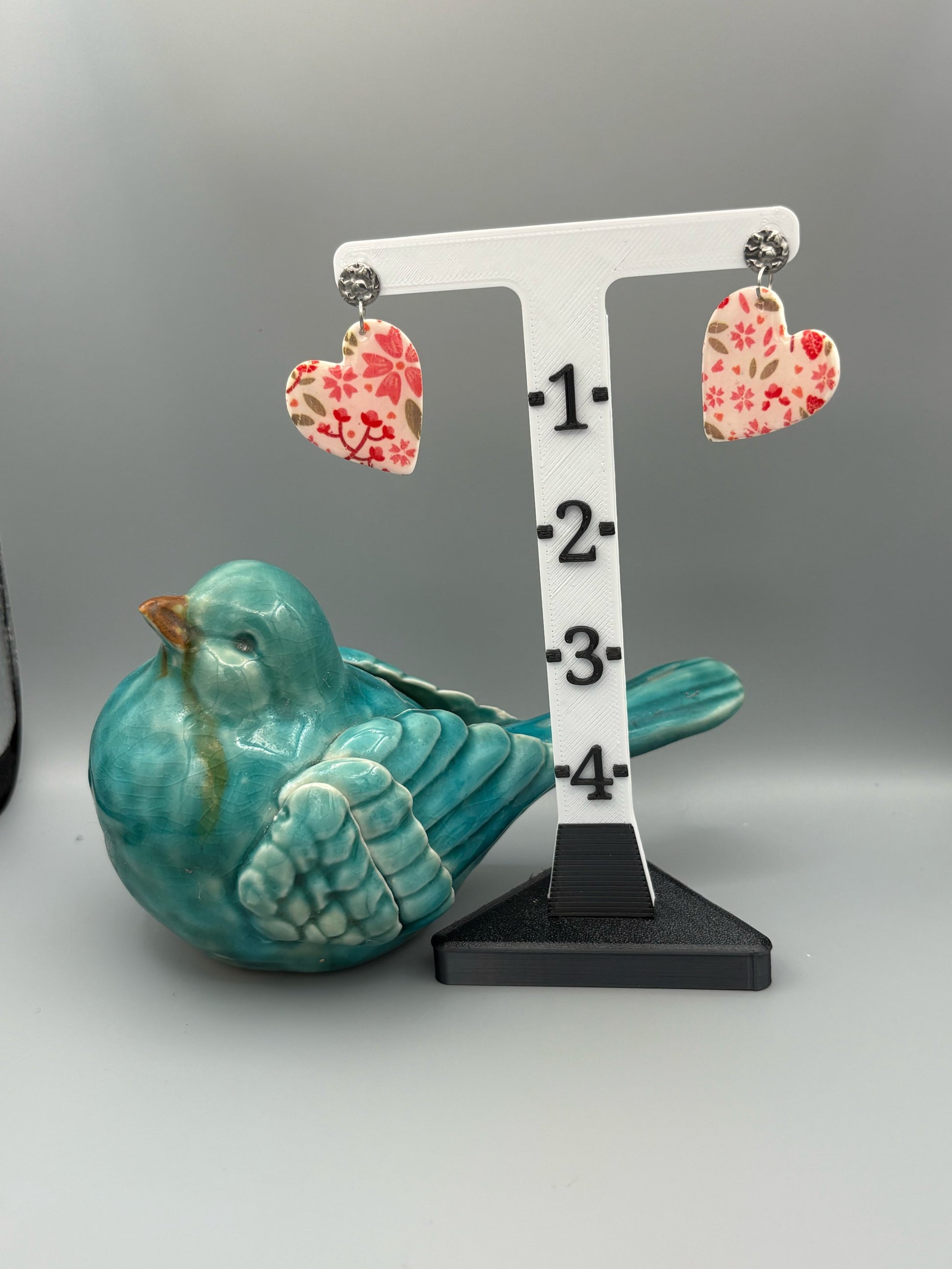 Flower Pattern Heart Dangle Earrings - handcrafted polymer clay earrings by Lakeside Clay