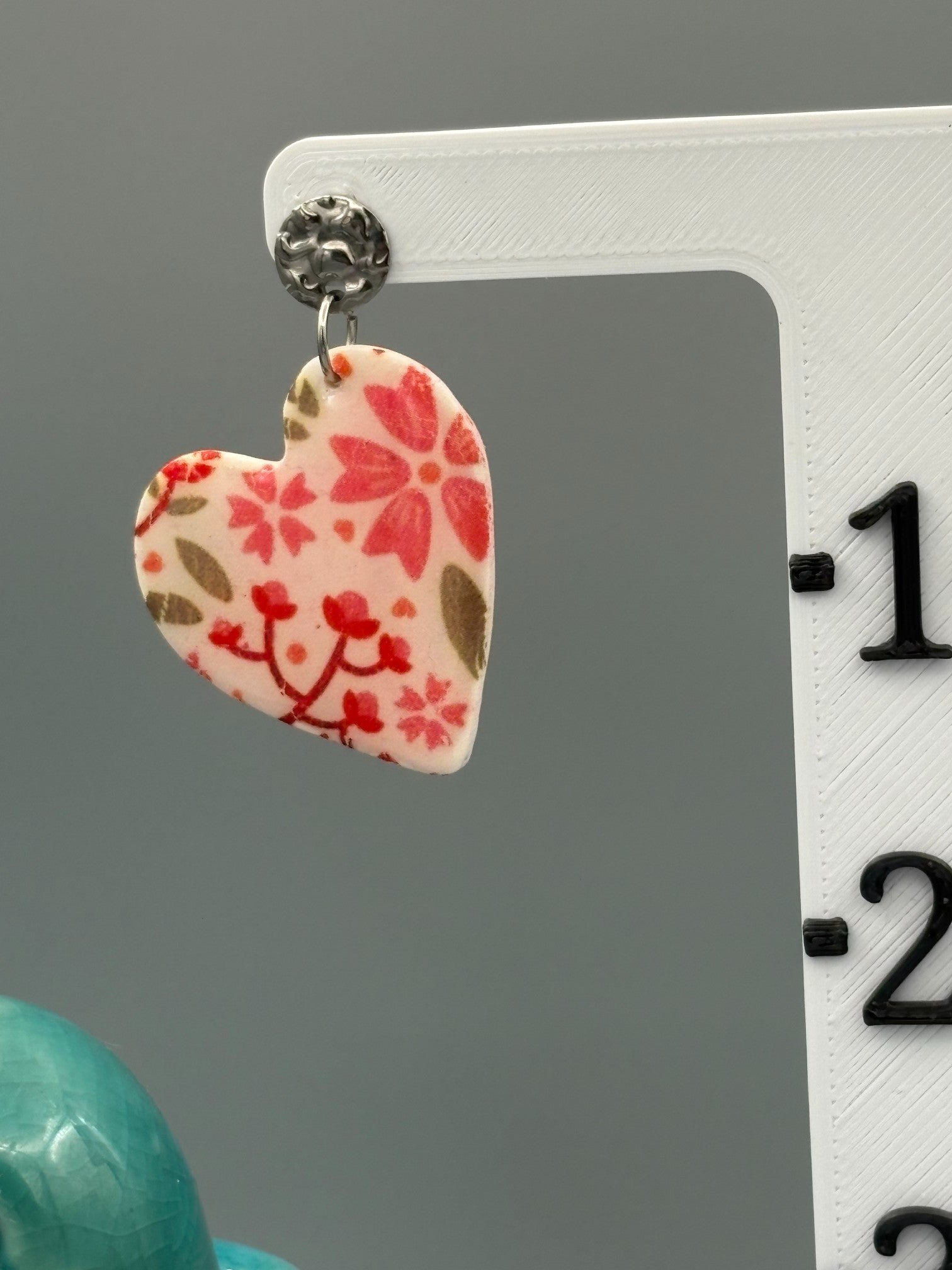 Flower Pattern Heart Dangle Earrings - handcrafted polymer clay earrings by Lakeside Clay