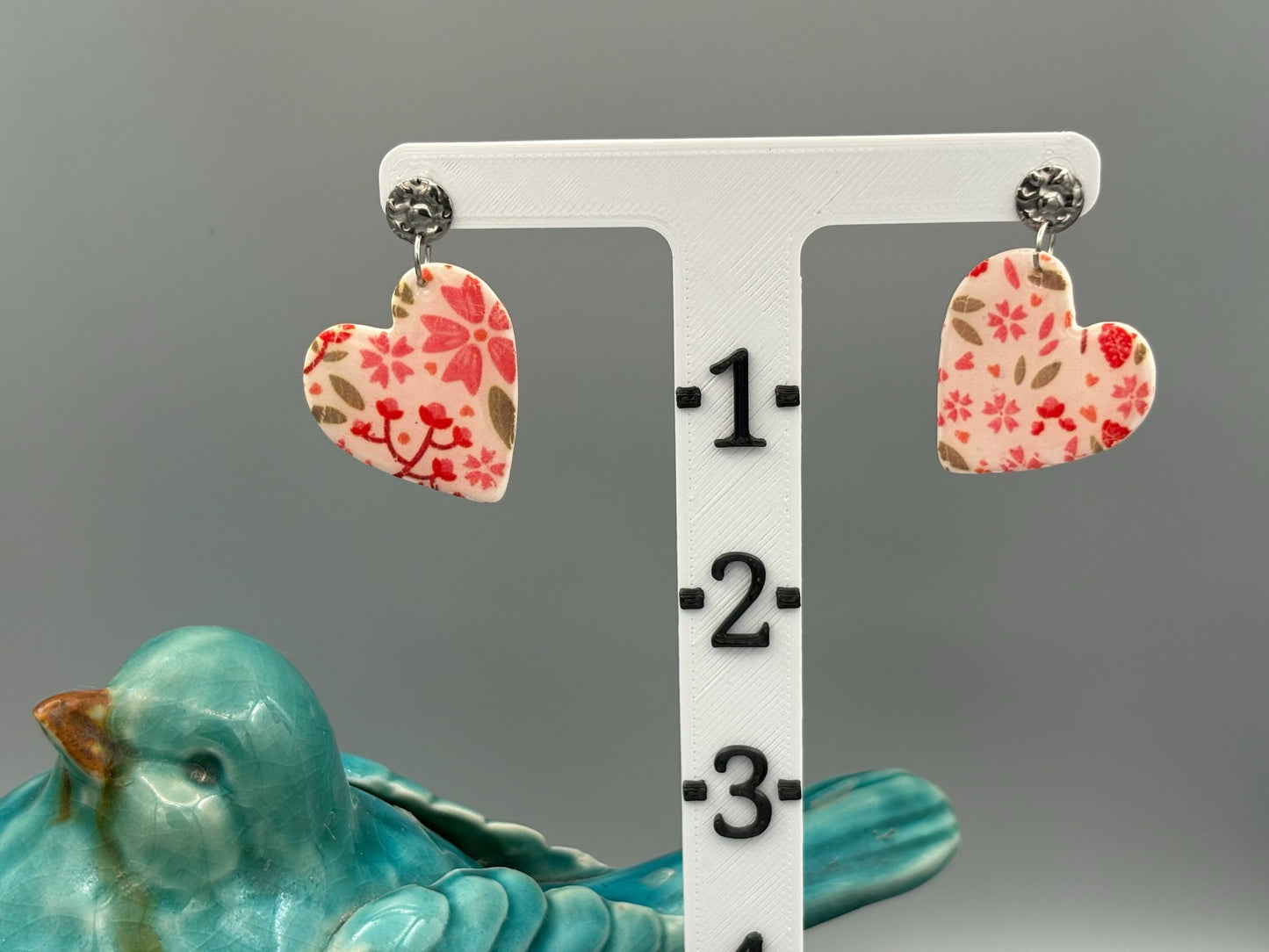Flower Pattern Heart Dangle Earrings - handcrafted polymer clay earrings by Lakeside Clay