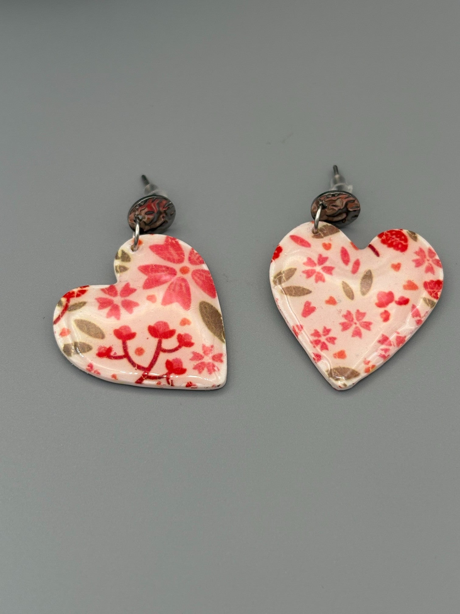 Flower Pattern Heart Dangle Earrings - handcrafted polymer clay earrings by Lakeside Clay