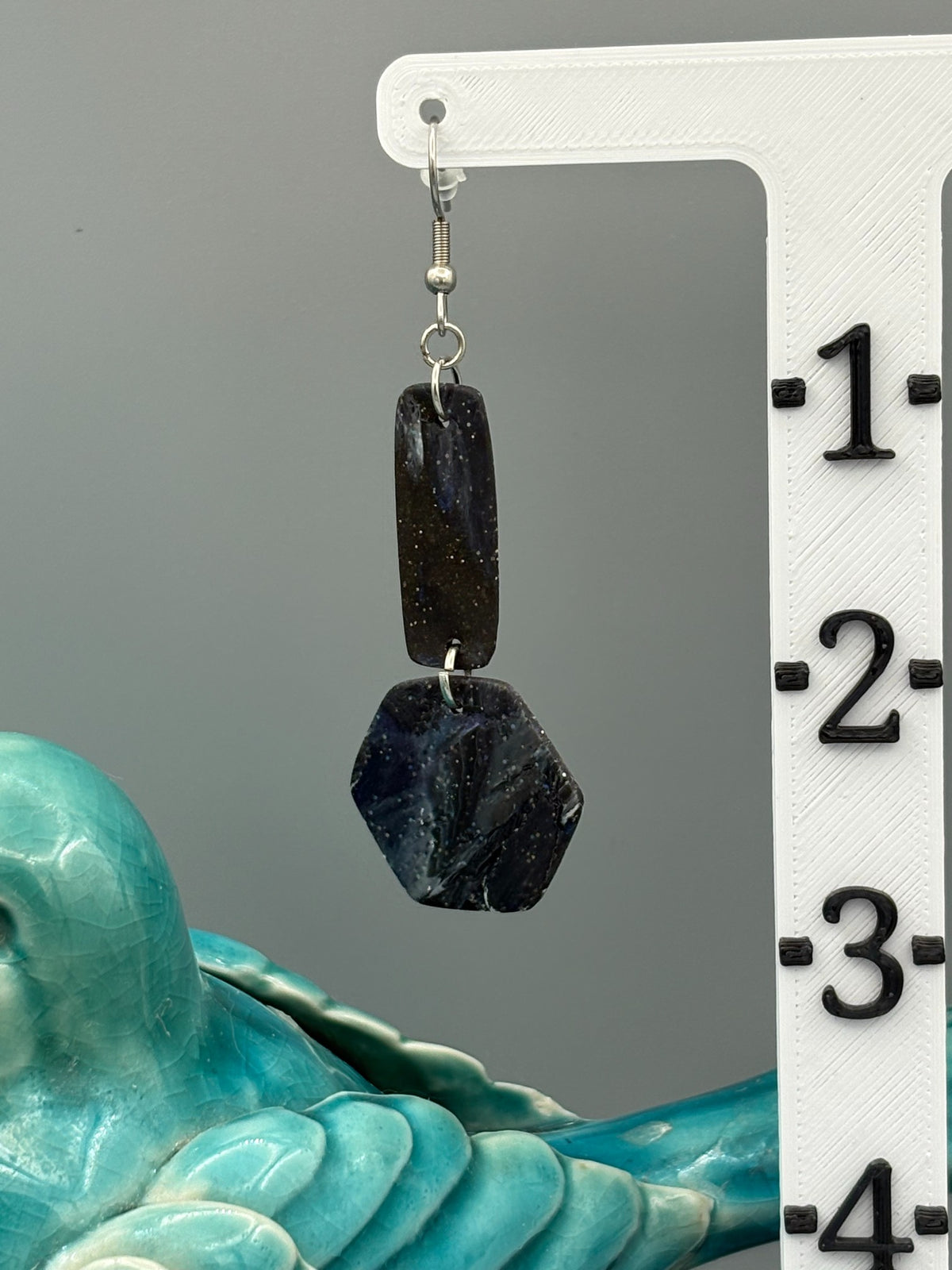 Midnight Sky Bar & Hexagon Dangle Earrings - handcrafted polymer clay earrings by Lakeside Clay