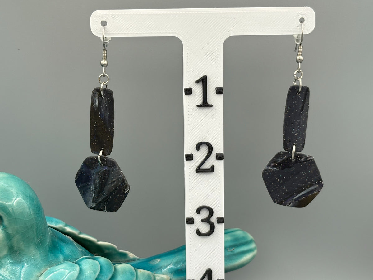 Midnight Sky Bar & Hexagon Dangle Earrings - handcrafted polymer clay earrings by Lakeside Clay