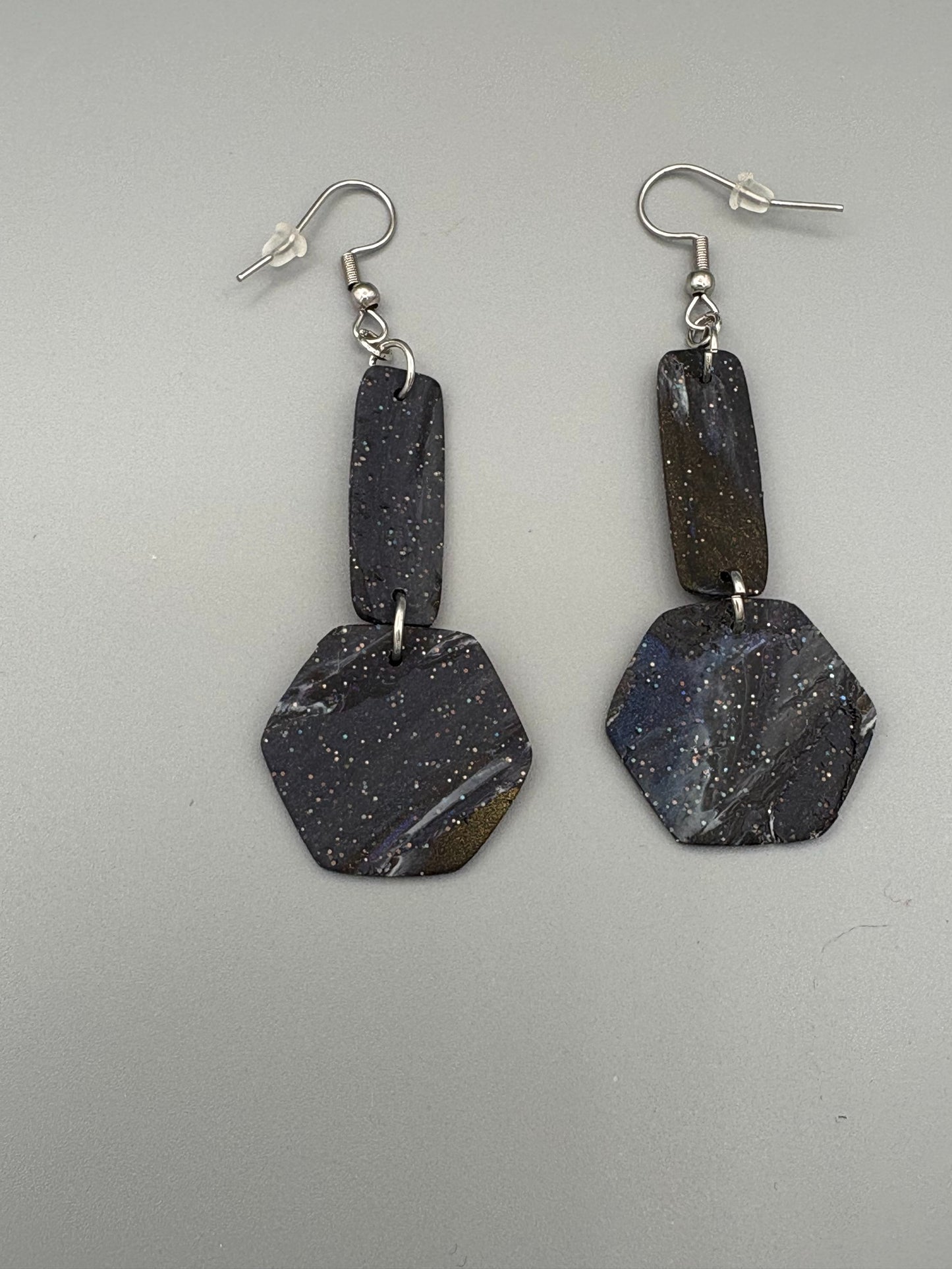 Midnight Sky Bar & Hexagon Dangle Earrings - handcrafted polymer clay earrings by Lakeside Clay