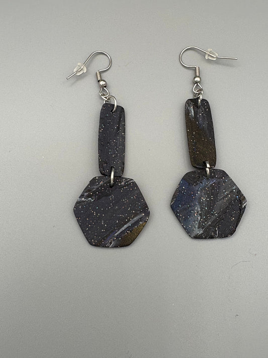 Midnight Sky Bar & Hexagon Dangle Earrings - handcrafted polymer clay earrings by Lakeside Clay