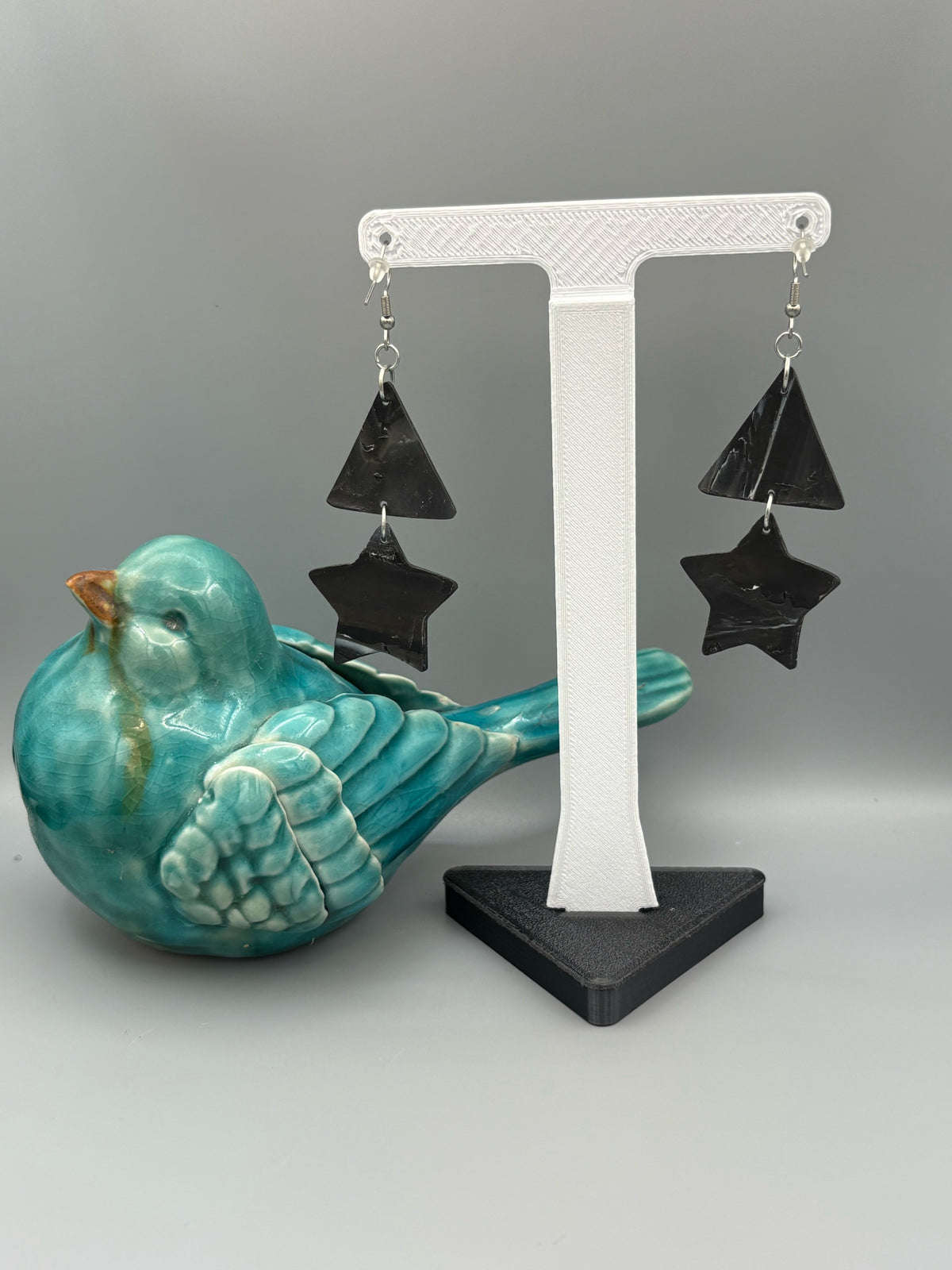 Midnight Sky Triangle & Star Dangle Earrings - handcrafted polymer clay earrings by Lakeside Clay