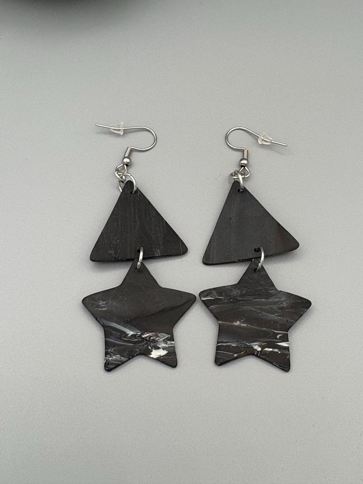 Midnight Sky Triangle & Star Dangle Earrings - handcrafted polymer clay earrings by Lakeside Clay