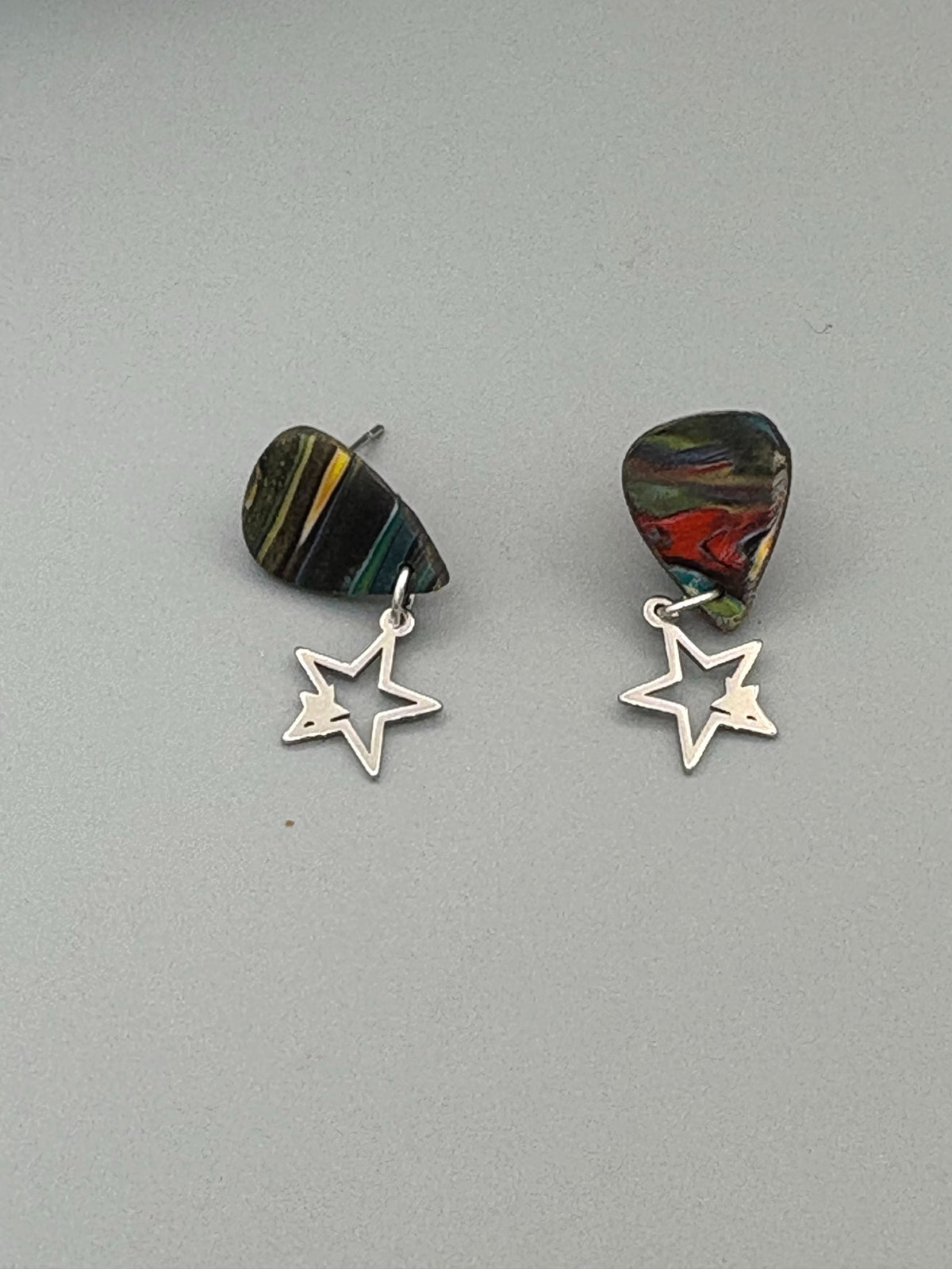 Kaleidoscope Star Dangle Earrings - handcrafted polymer clay earrings by Lakeside Clay