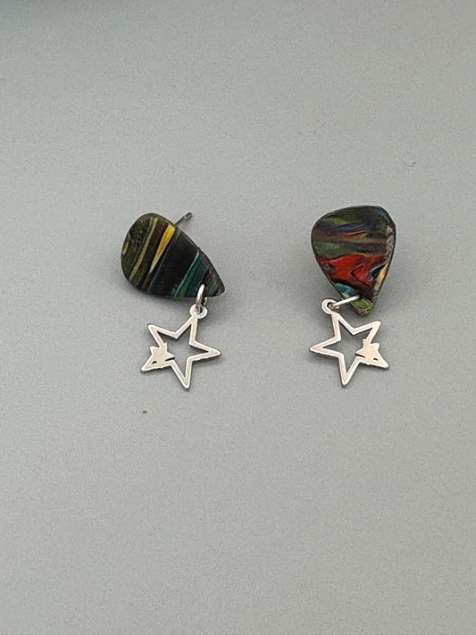 Kaleidoscope Star Dangle Earrings - handcrafted polymer clay earrings by Lakeside Clay