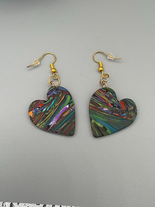 Kaleidoscope Heart Dangle Earrings - handcrafted polymer clay earrings by Lakeside Clay