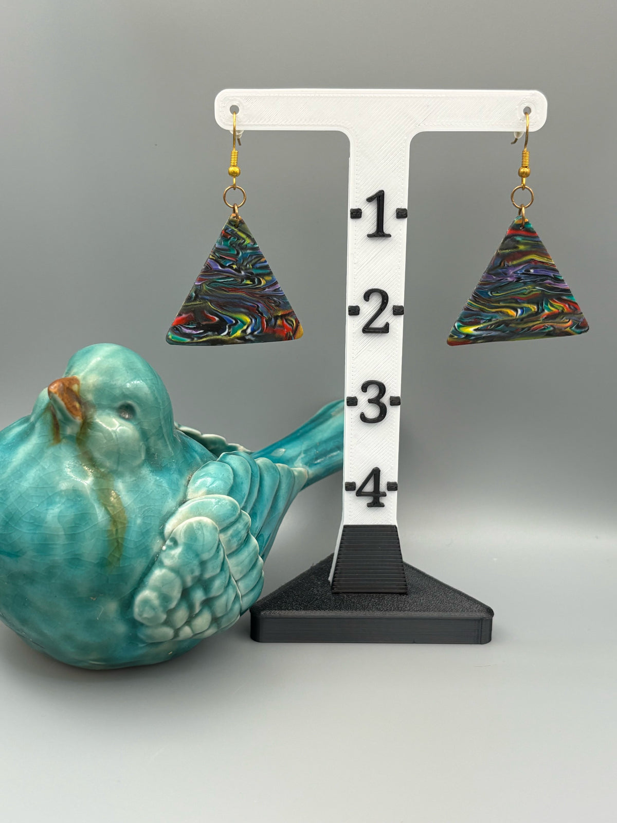 Kaleidoscope Triangle Dangle Earrings - handcrafted polymer clay earrings by Lakeside Clay