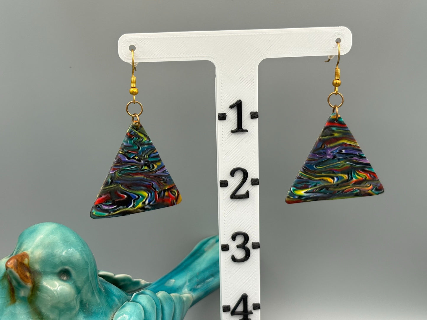 Kaleidoscope Triangle Dangle Earrings - handcrafted polymer clay earrings by Lakeside Clay