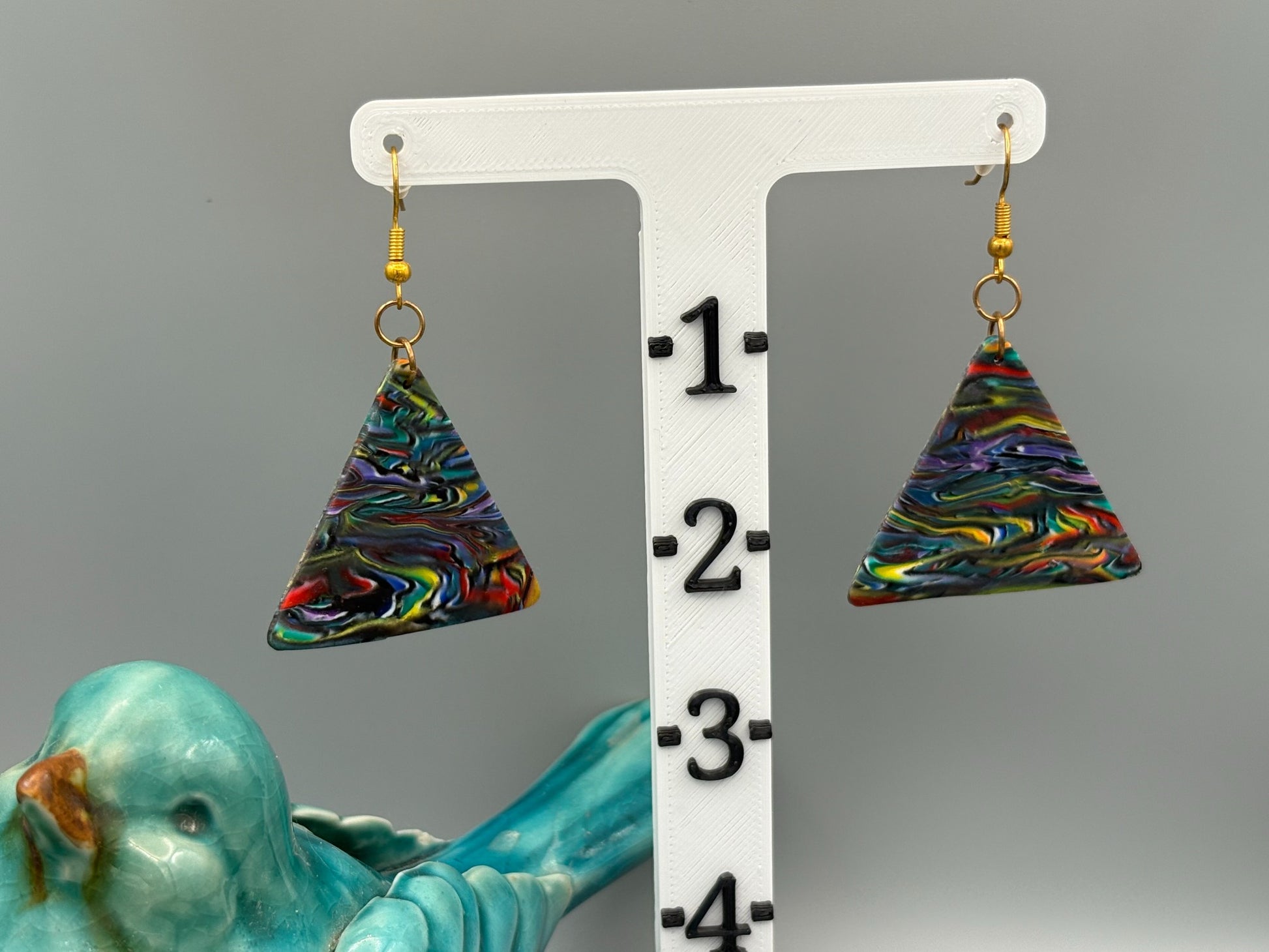 Kaleidoscope Triangle Dangle Earrings - handcrafted polymer clay earrings by Lakeside Clay