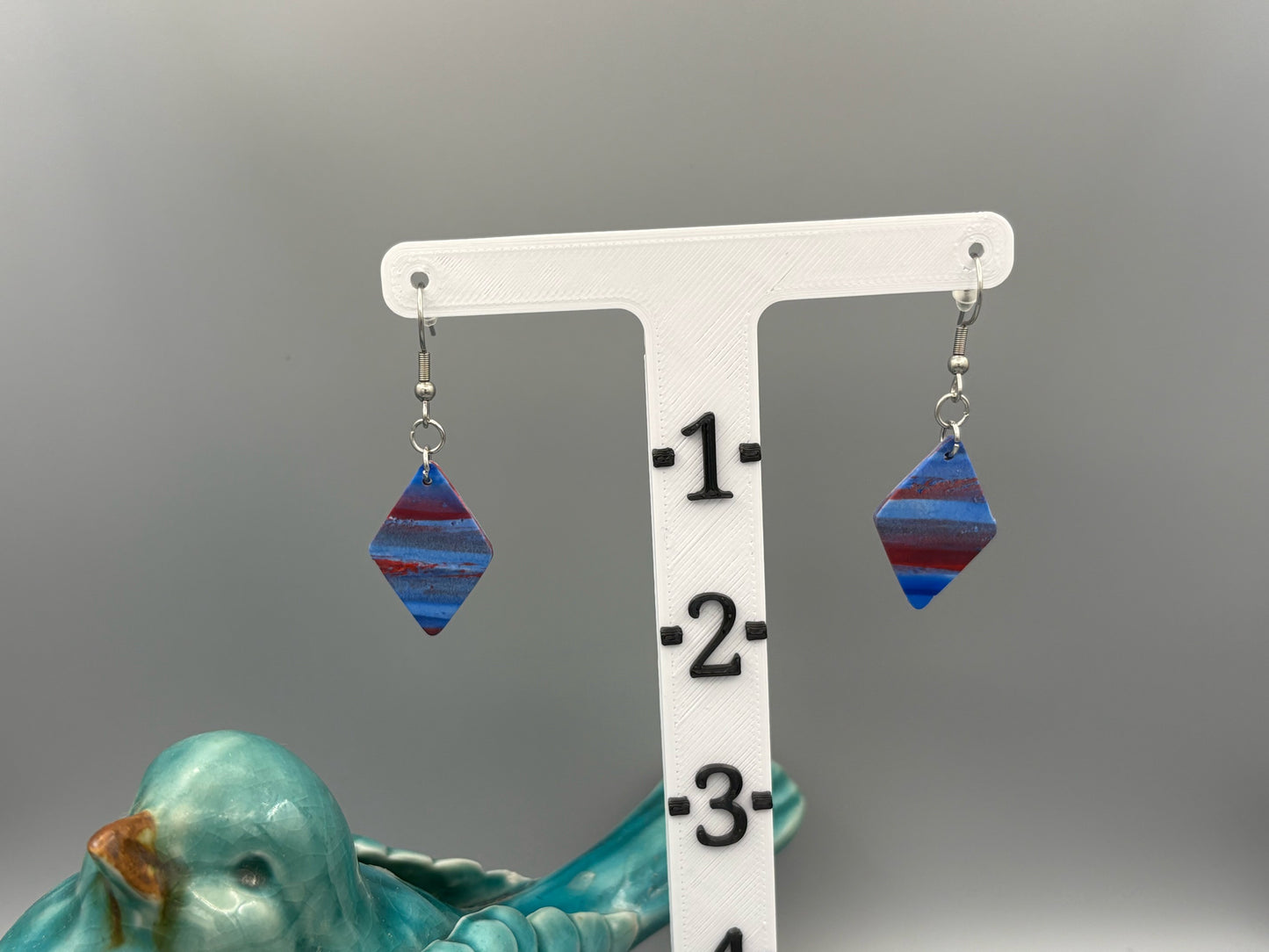 Red & Blue Diamond Dangle Earrings - handcrafted polymer clay earrings by Lakeside Clay
