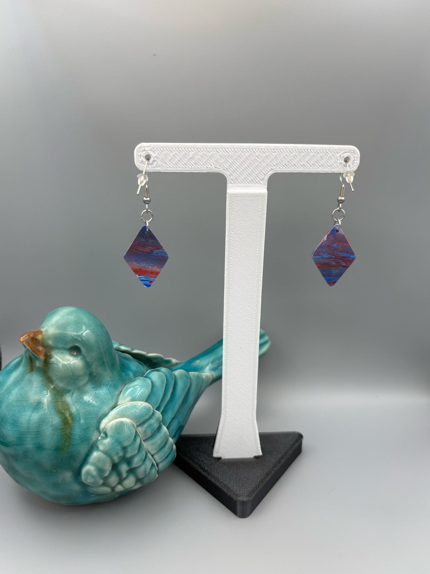 Red & Blue Diamond Dangle Earrings - handcrafted polymer clay earrings by Lakeside Clay