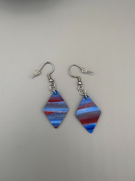 Red & Blue Diamond Dangle Earrings - handcrafted polymer clay earrings by Lakeside Clay