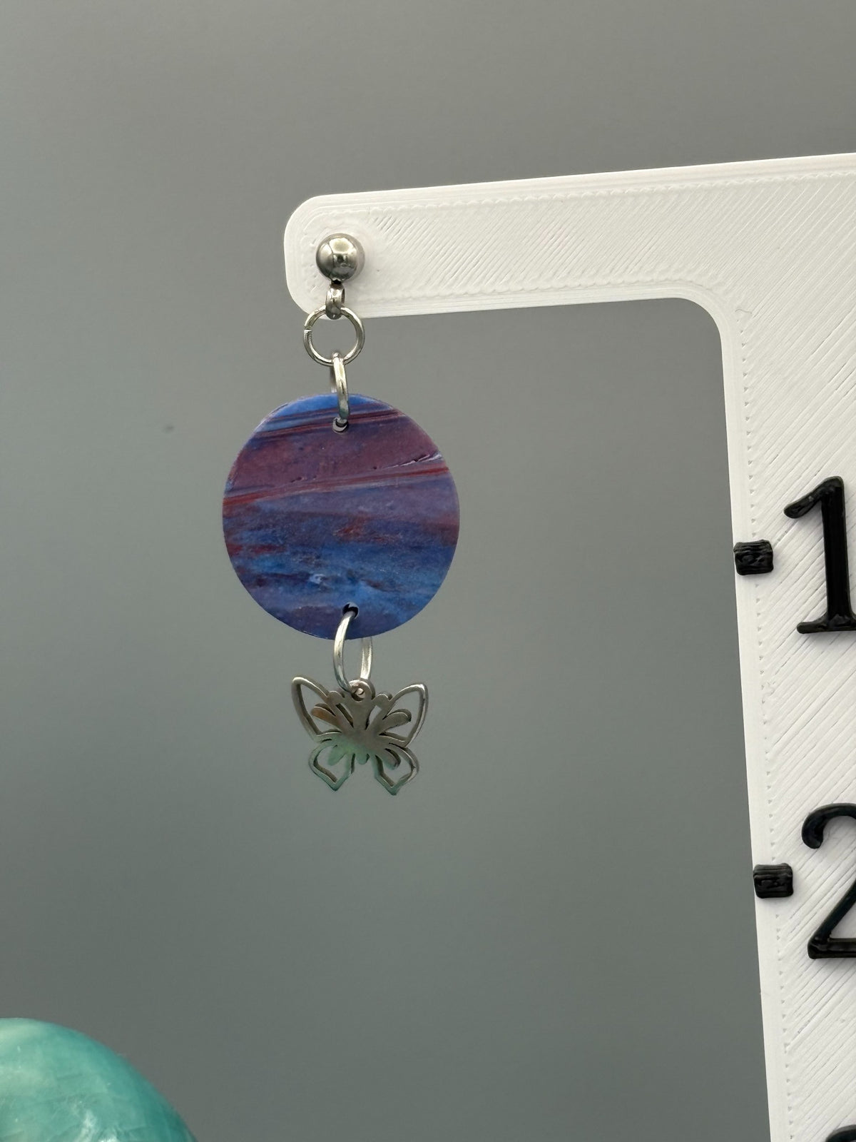 Red & Blue with Butterfly Dangle Earrings - handcrafted polymer clay earrings by Lakeside Clay