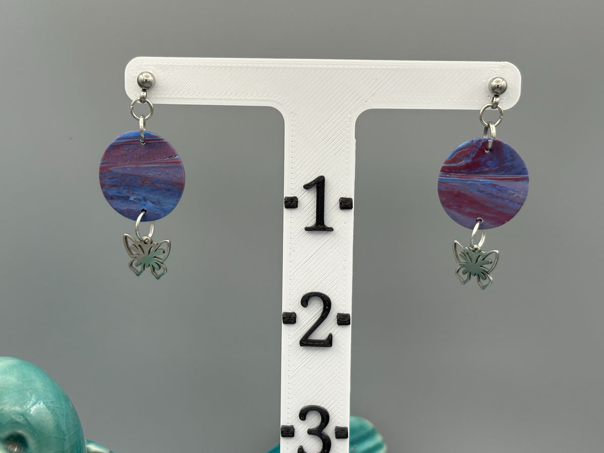 Red & Blue with Butterfly Dangle Earrings - handcrafted polymer clay earrings by Lakeside Clay