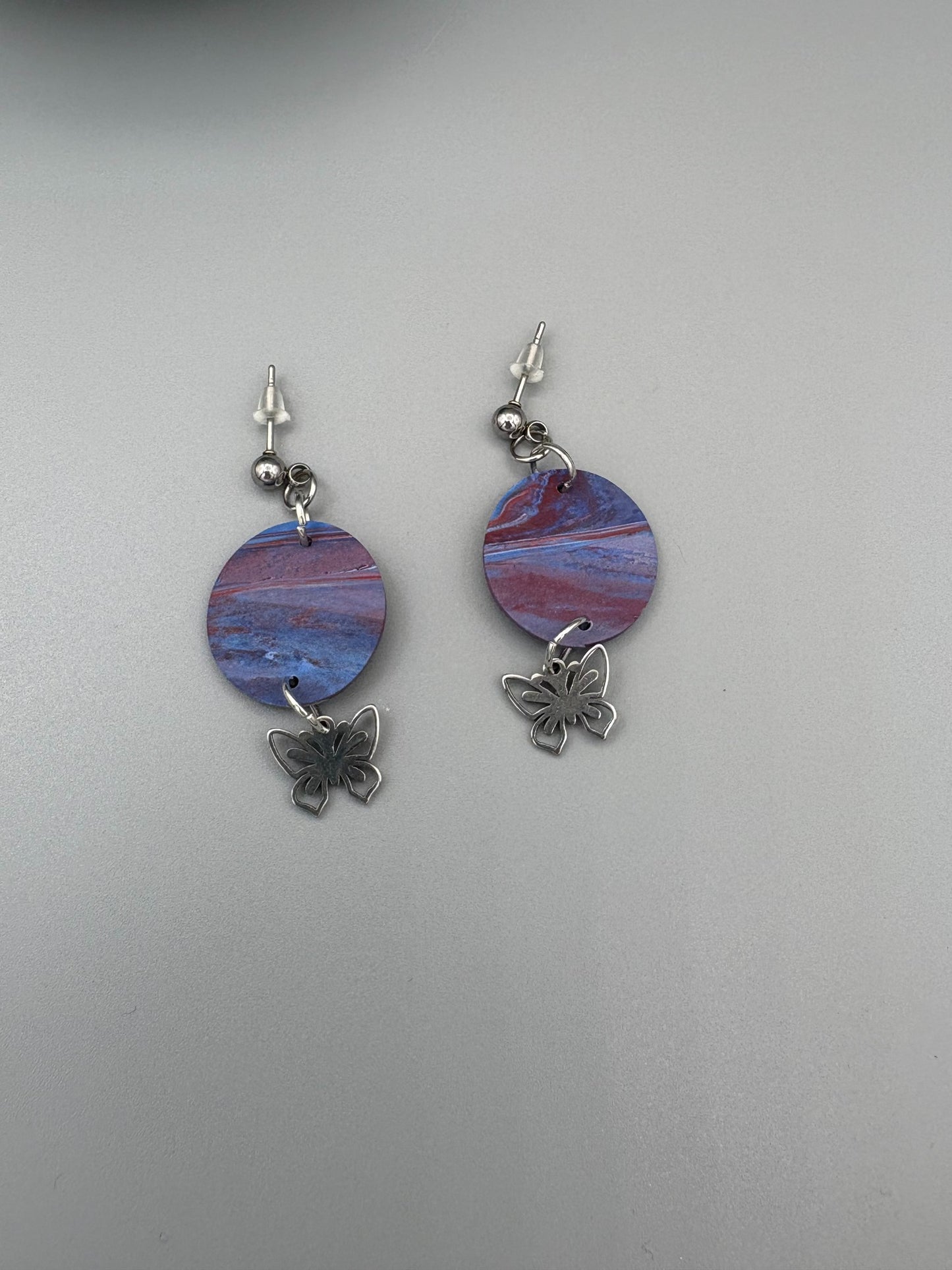 Red & Blue with Butterfly Dangle Earrings - handcrafted polymer clay earrings by Lakeside Clay