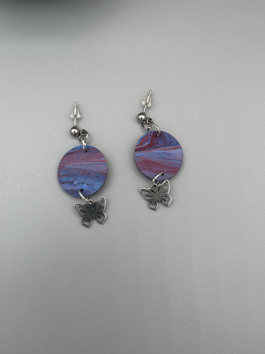 Red & Blue with Butterfly Dangle Earrings - handcrafted polymer clay earrings by Lakeside Clay