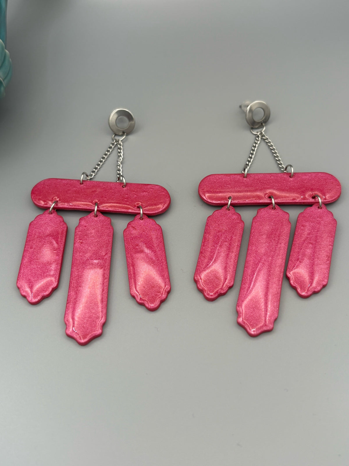 Pink Chandelier Dangle Earrings - handcrafted polymer clay earrings by Lakeside Clay