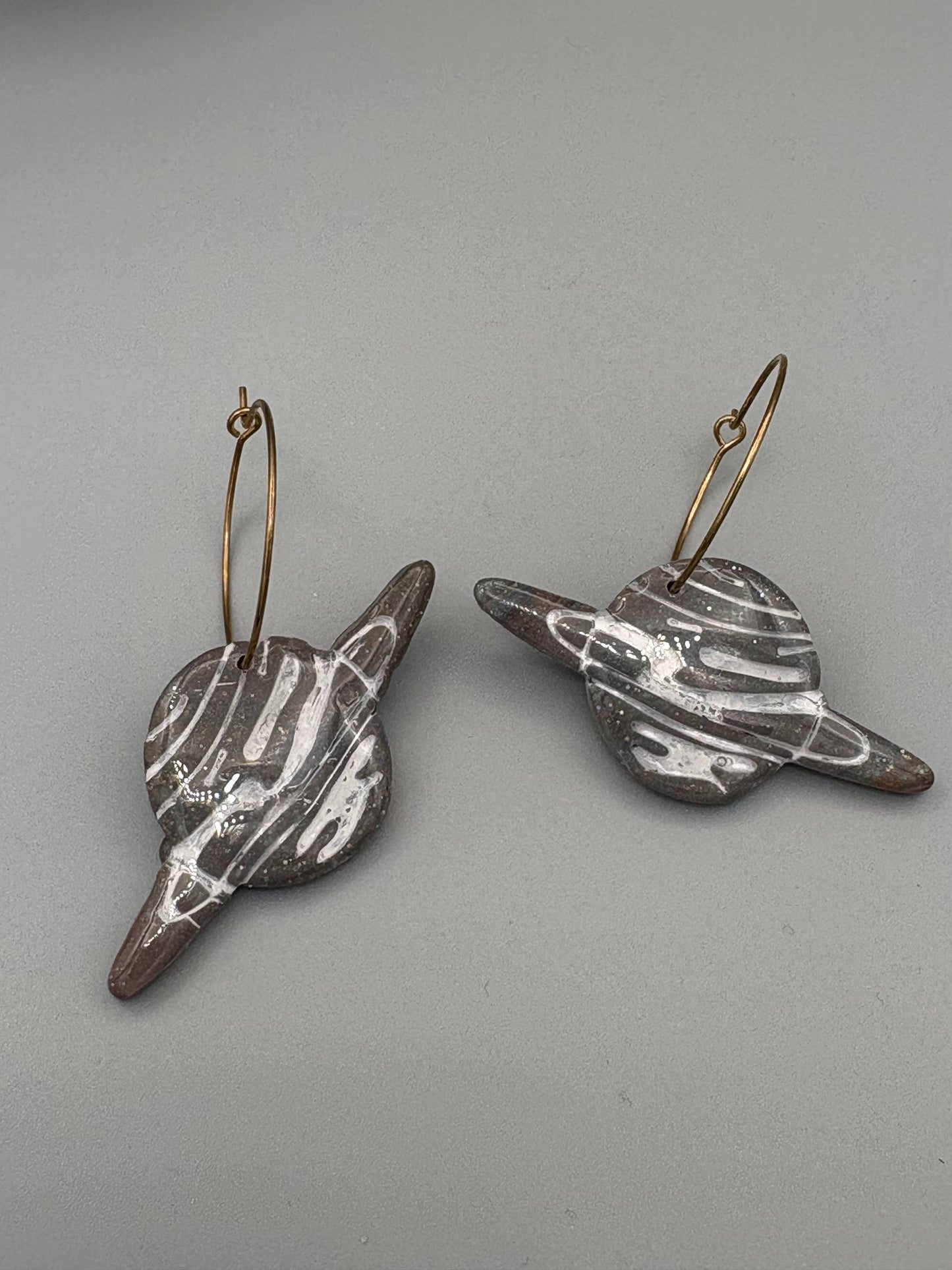 Saturn Planet Hoop Earrings - handcrafted polymer clay earrings by Lakeside Clay