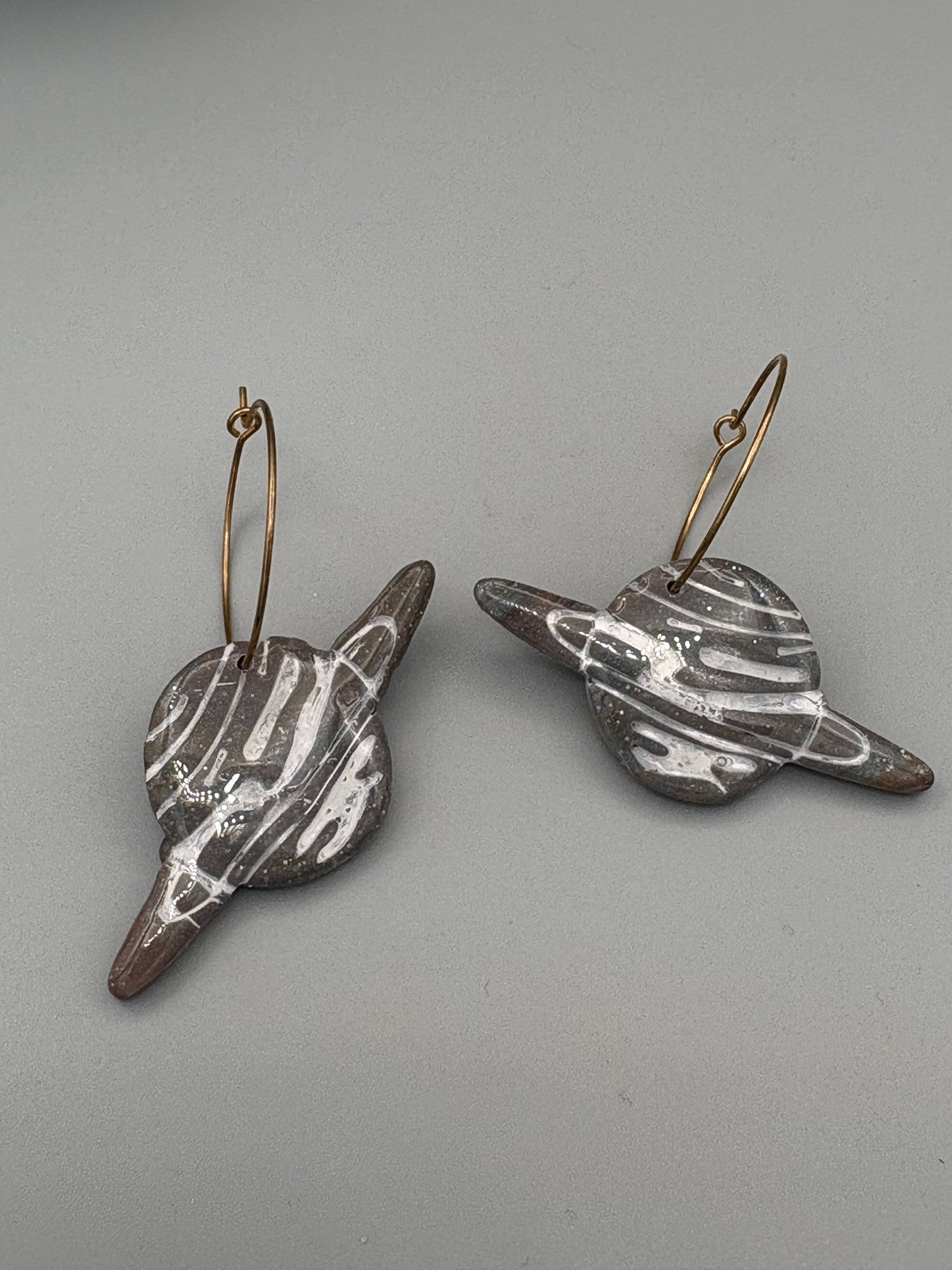 Saturn Planet Hoop Earrings - handcrafted polymer clay earrings by Lakeside Clay