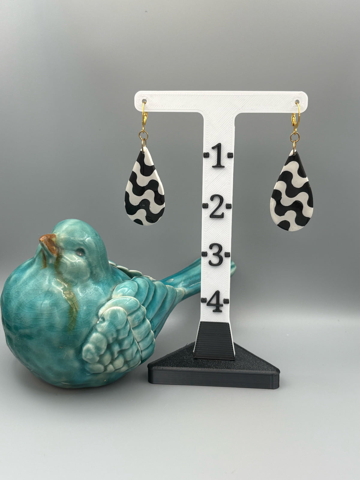 Black & White Wave Drop Dangle Earrings - handcrafted polymer clay earrings by Lakeside Clay