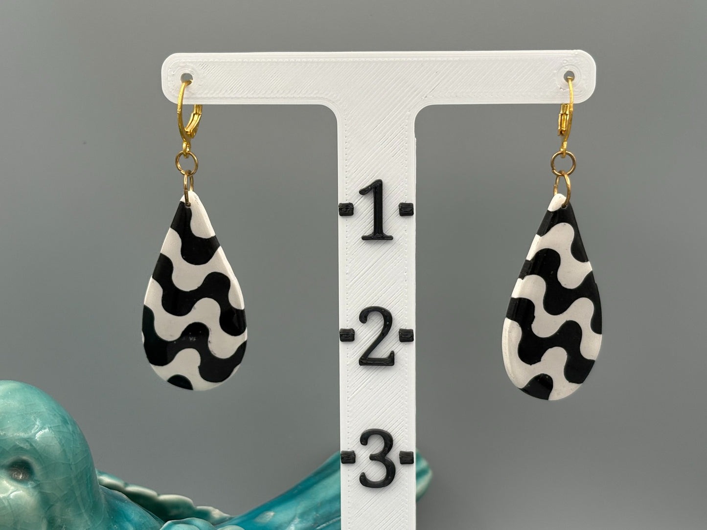 Black & White Wave Drop Dangle Earrings - handcrafted polymer clay earrings by Lakeside Clay