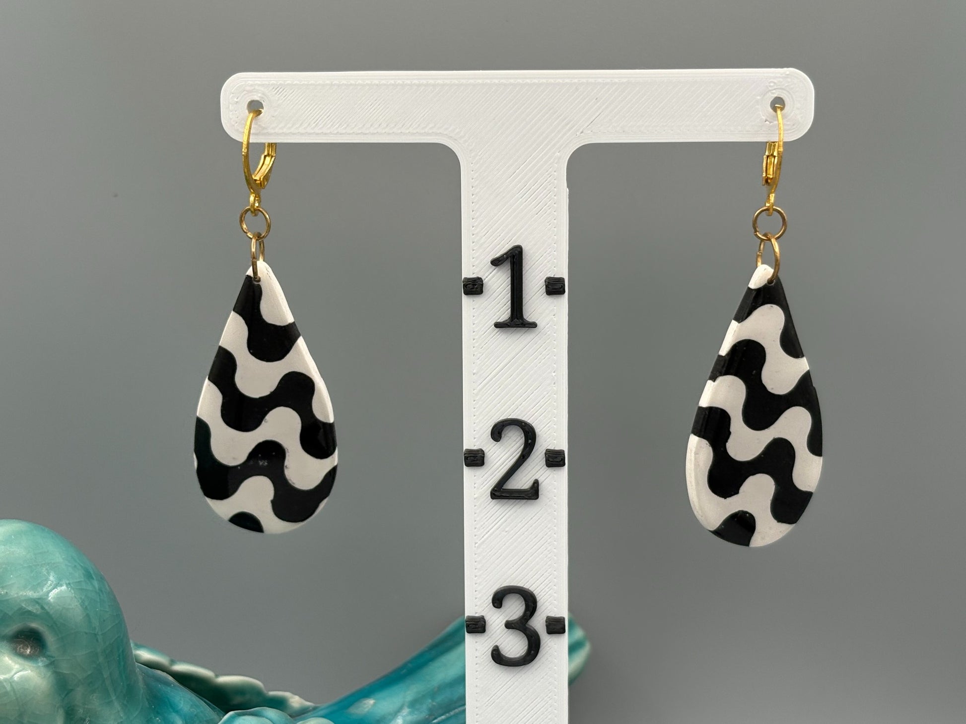 Black & White Wave Drop Dangle Earrings - handcrafted polymer clay earrings by Lakeside Clay