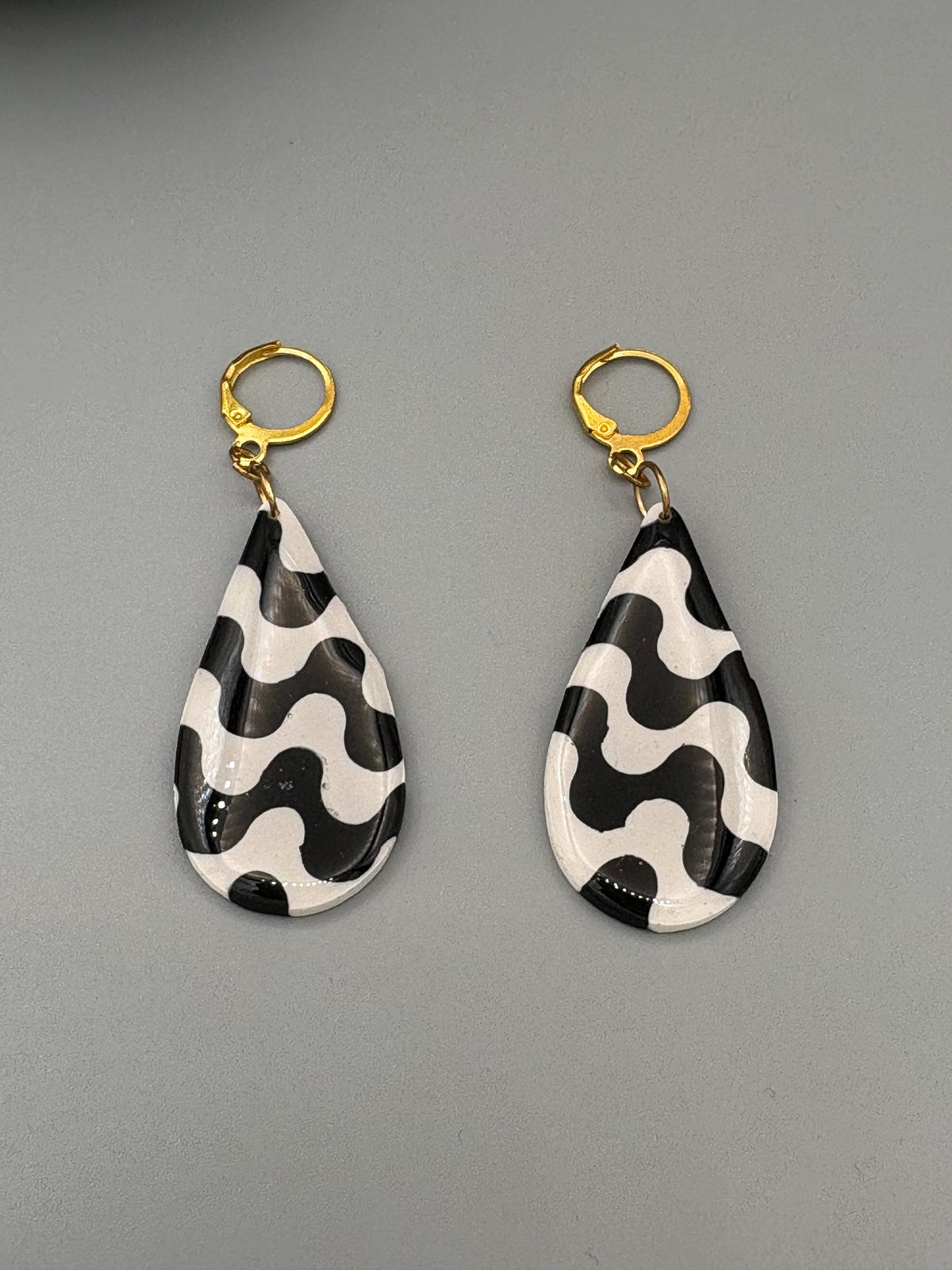 Black & White Wave Drop Dangle Earrings - handcrafted polymer clay earrings by Lakeside Clay