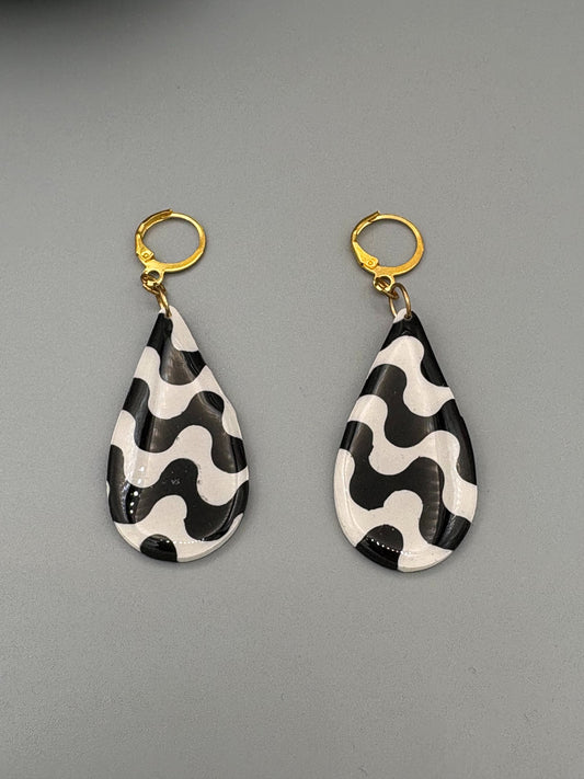 Black & White Wave Drop Dangle Earrings - handcrafted polymer clay earrings by Lakeside Clay