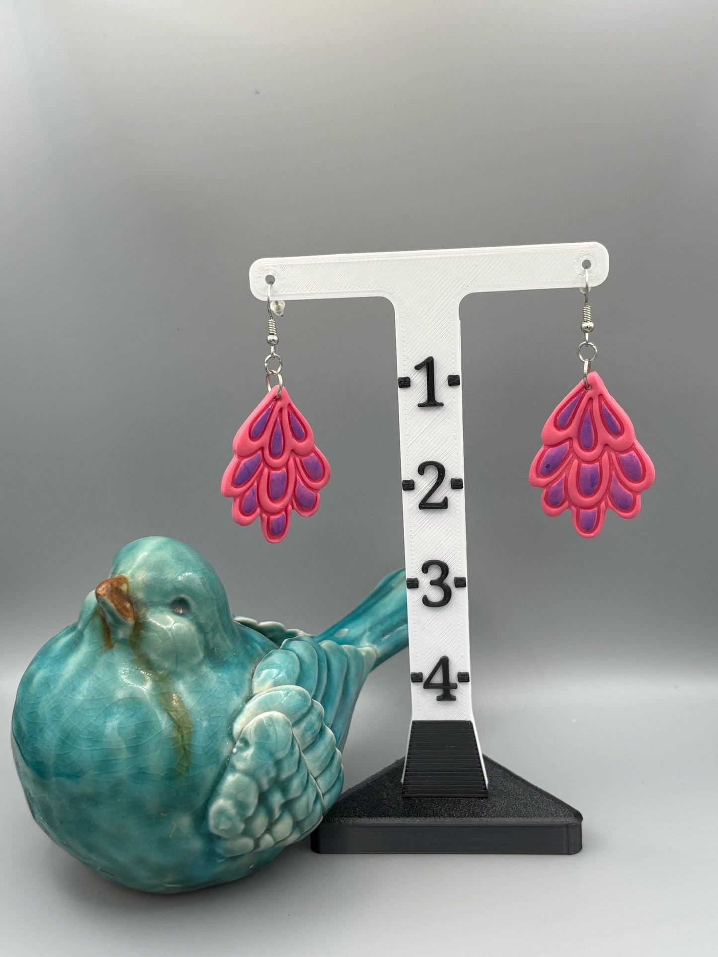 Pink & Purple Feather Dangle Earrings - handcrafted polymer clay earrings by Lakeside Clay