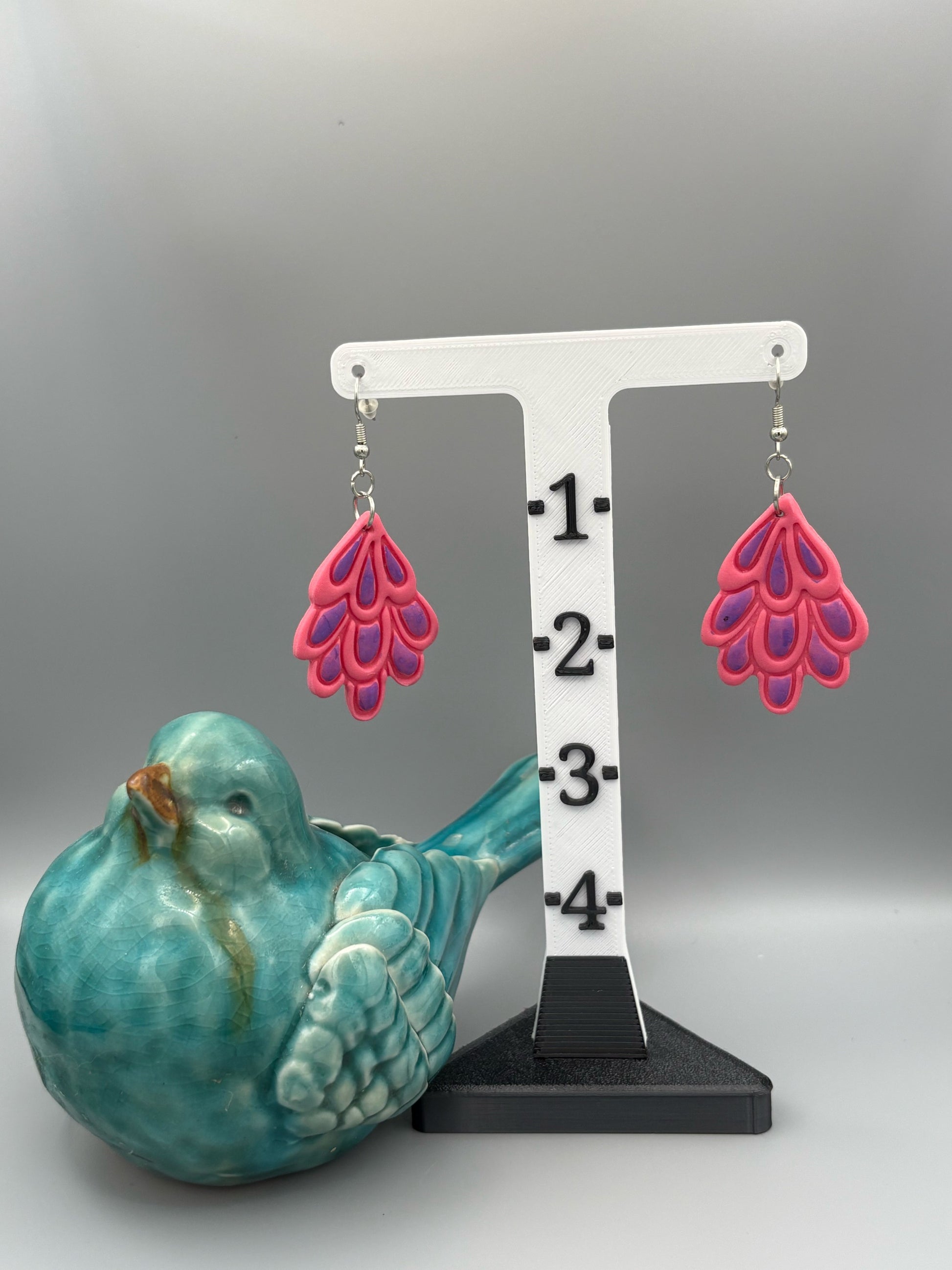 Pink & Purple Feather Dangle Earrings - handcrafted polymer clay earrings by Lakeside Clay
