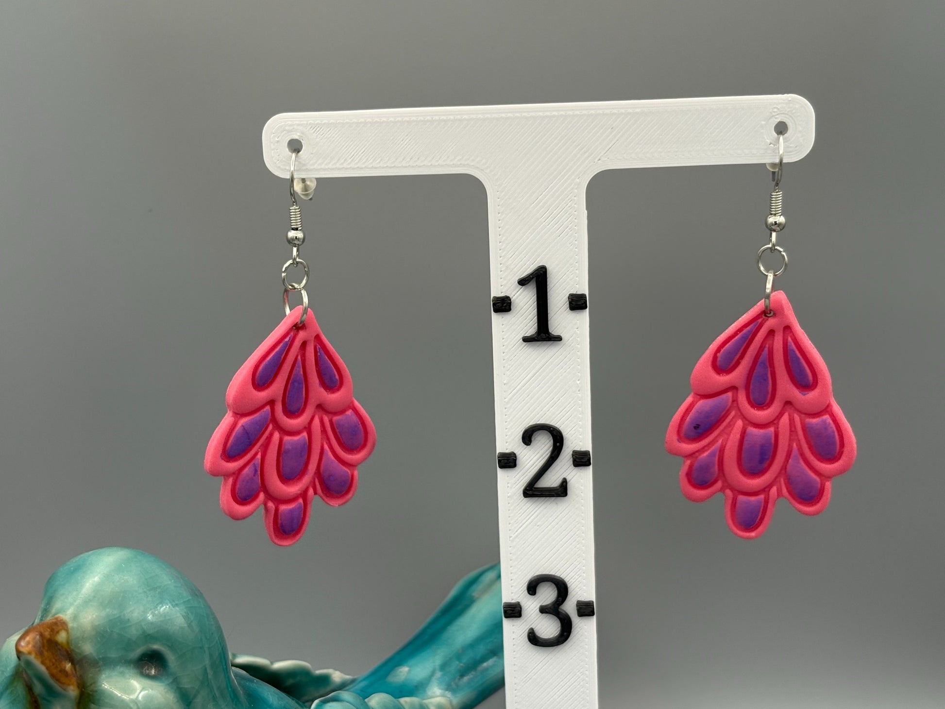 Pink & Purple Feather Dangle Earrings - handcrafted polymer clay earrings by Lakeside Clay