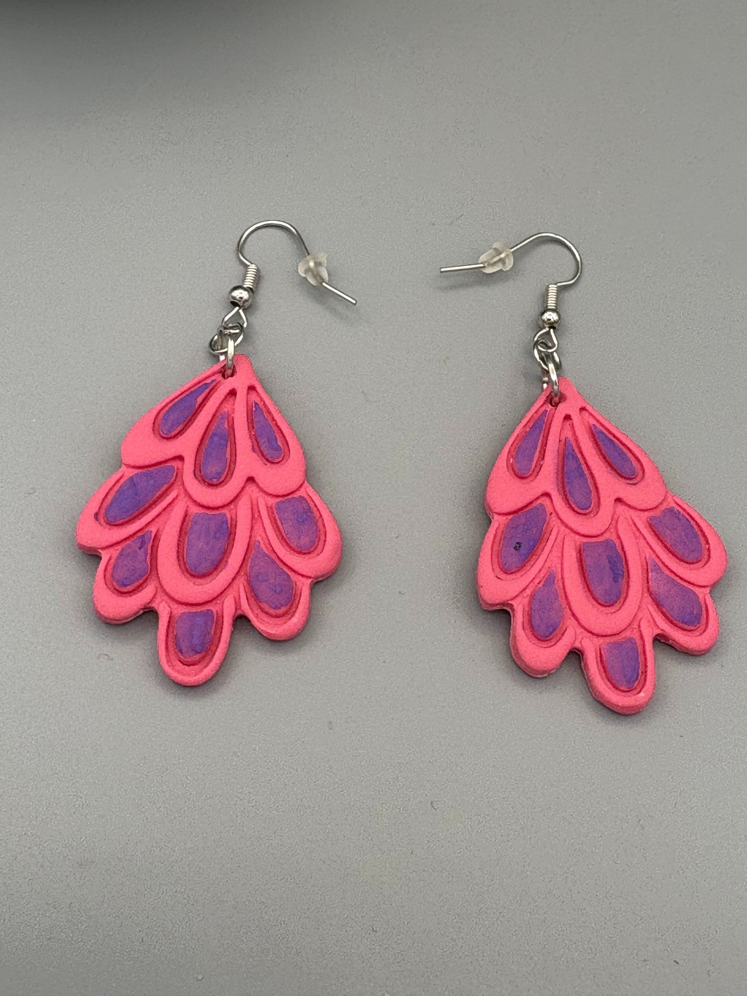 Pink & Purple Feather Dangle Earrings - handcrafted polymer clay earrings by Lakeside Clay
