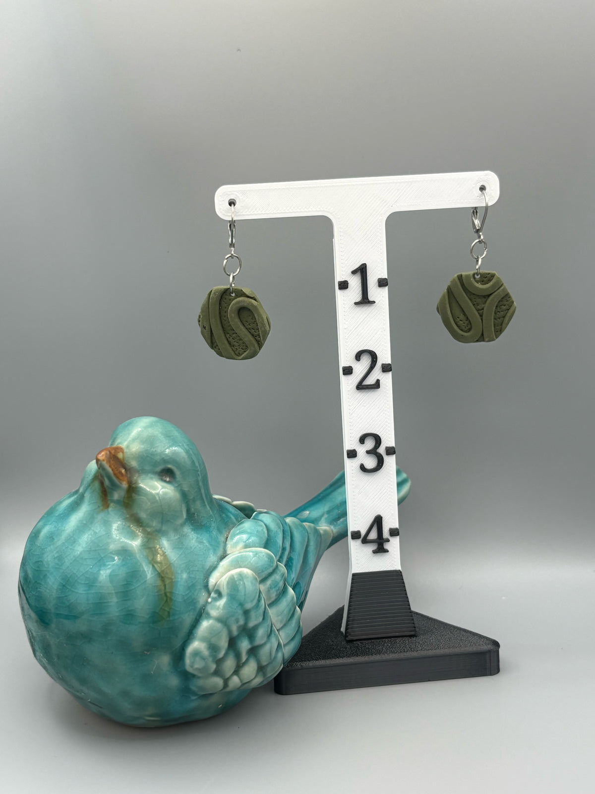 Army Green Texture Hexagon Dangle Earrings - handcrafted polymer clay earrings by Lakeside Clay
