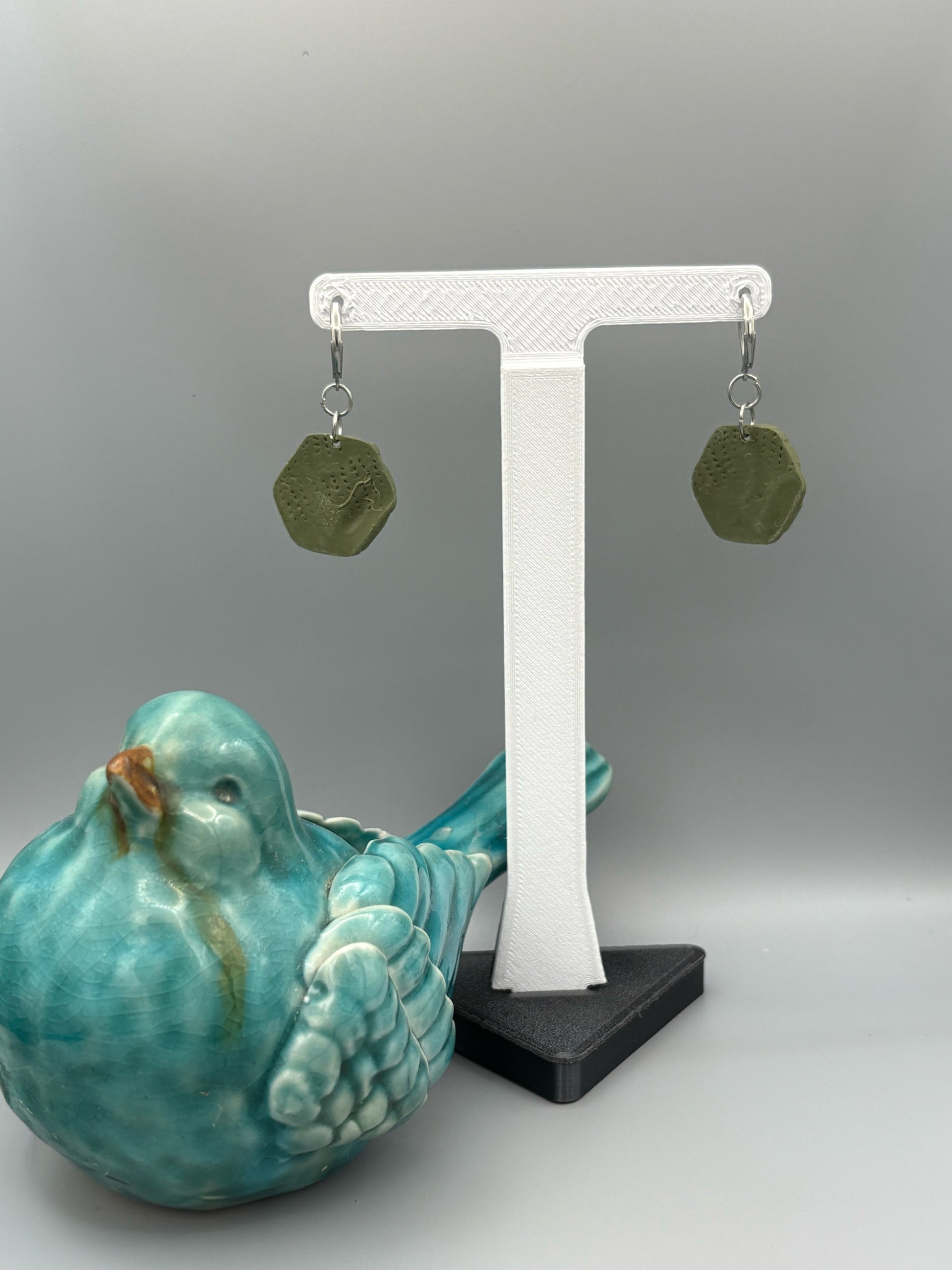 Army Green Texture Hexagon Dangle Earrings - handcrafted polymer clay earrings by Lakeside Clay