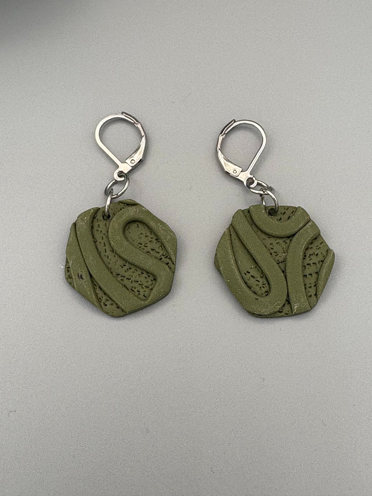 Army Green Texture Hexagon Dangle Earrings - handcrafted polymer clay earrings by Lakeside Clay