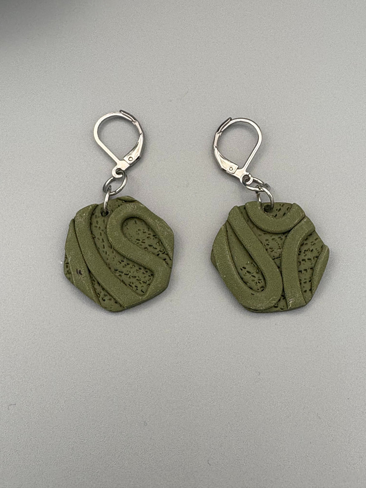 Army Green Texture Hexagon Dangle Earrings - handcrafted polymer clay earrings by Lakeside Clay