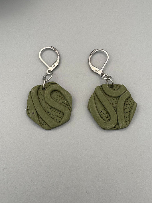Army Green Texture Hexagon Dangle Earrings - handcrafted polymer clay earrings by Lakeside Clay