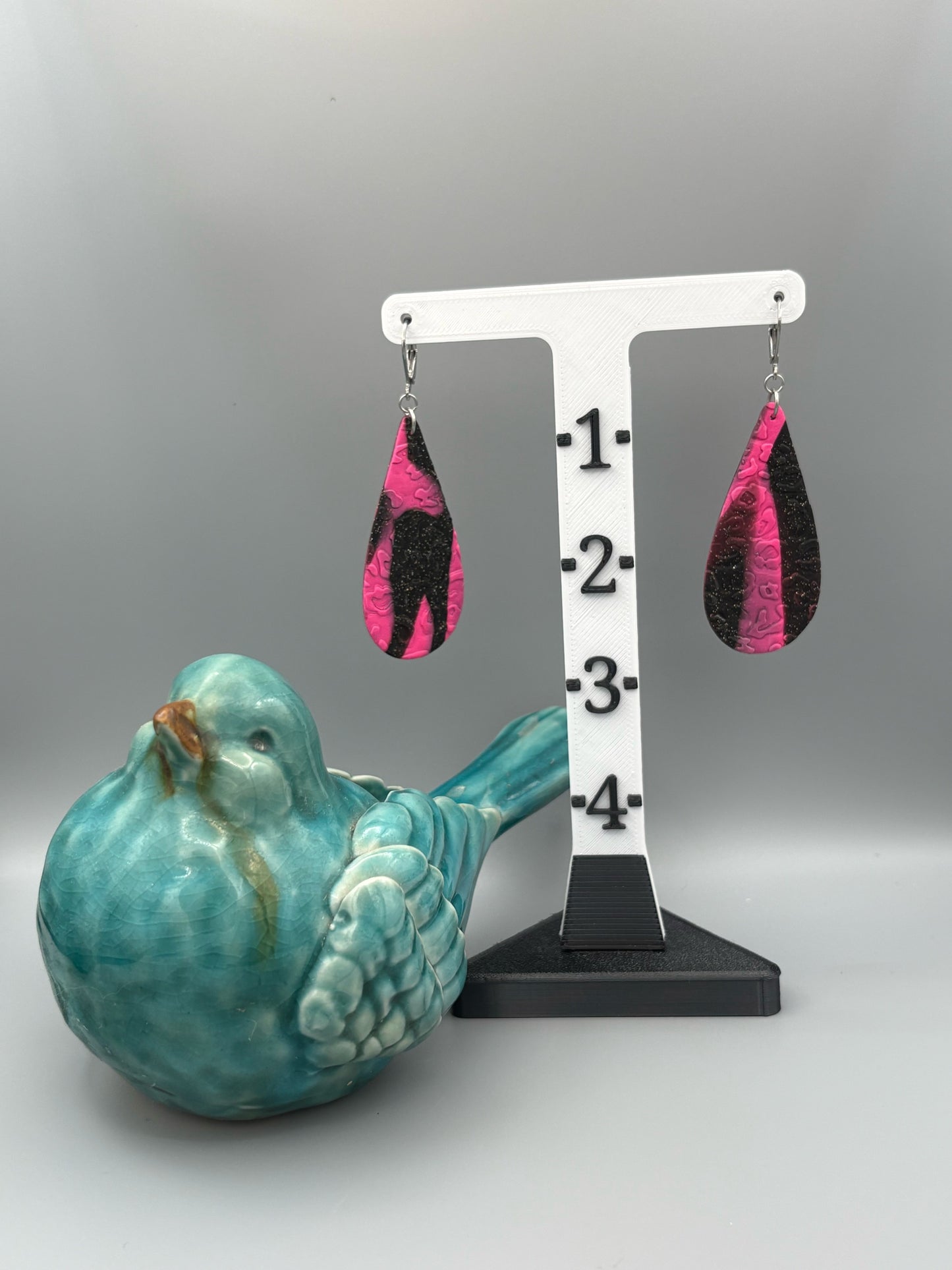Pink & Black Leopard Drop Dangle Earrings - handcrafted polymer clay earrings by Lakeside Clay