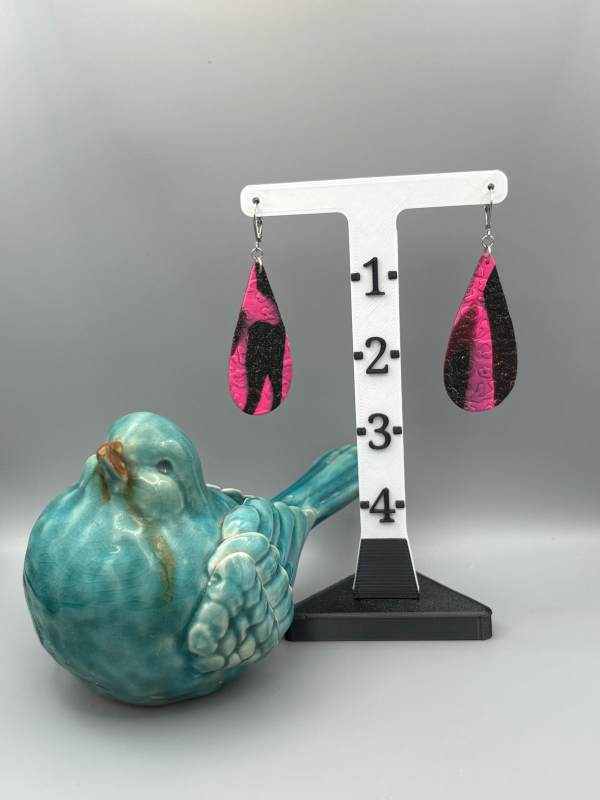 Pink & Black Leopard Drop Dangle Earrings - handcrafted polymer clay earrings by Lakeside Clay