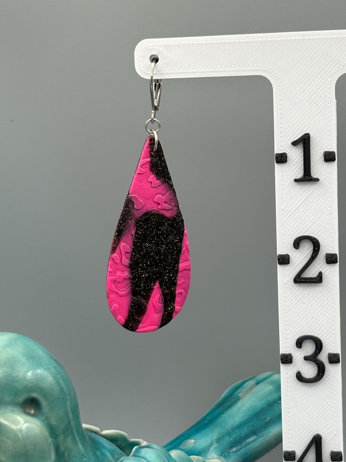 Pink & Black Leopard Drop Dangle Earrings - handcrafted polymer clay earrings by Lakeside Clay