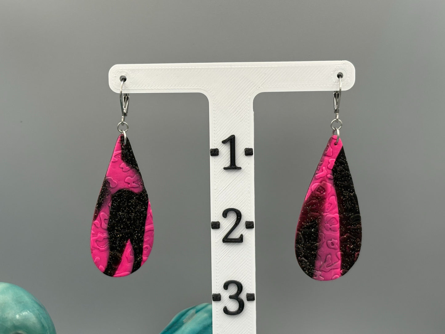 Pink & Black Leopard Drop Dangle Earrings - handcrafted polymer clay earrings by Lakeside Clay
