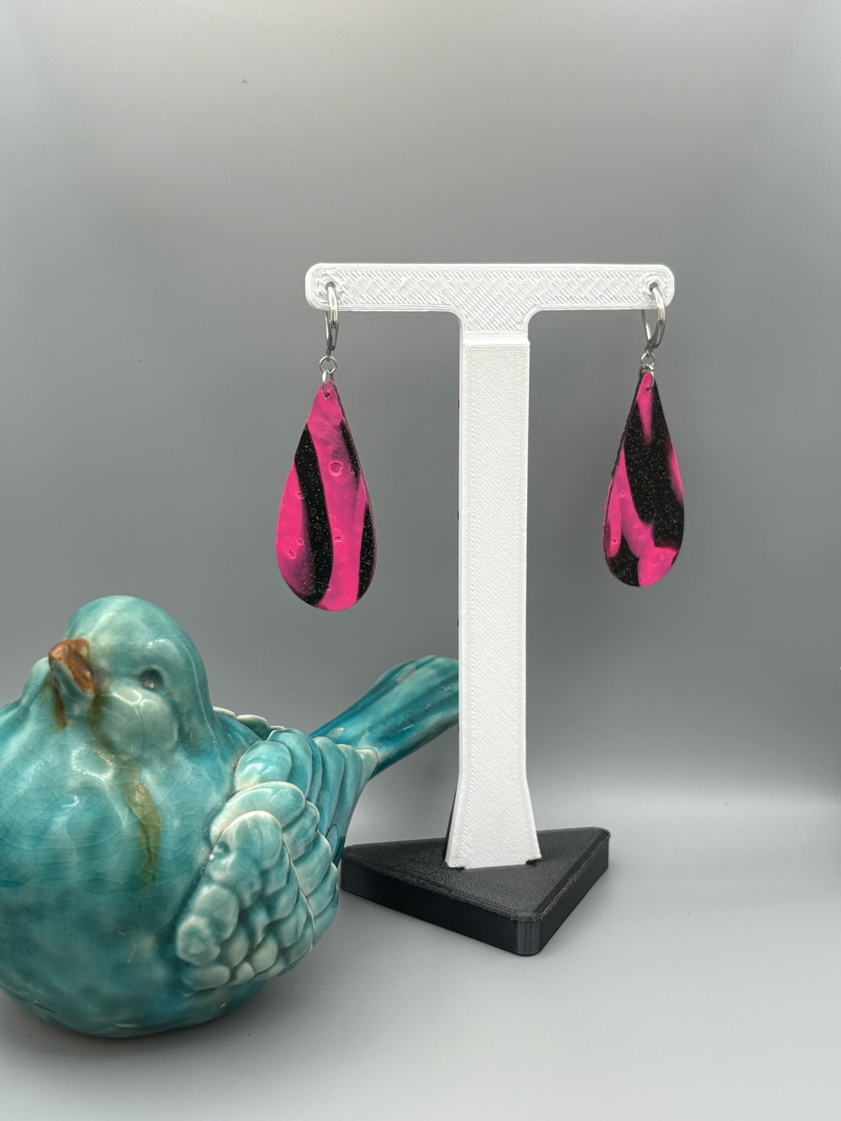 Pink & Black Leopard Drop Dangle Earrings - handcrafted polymer clay earrings by Lakeside Clay