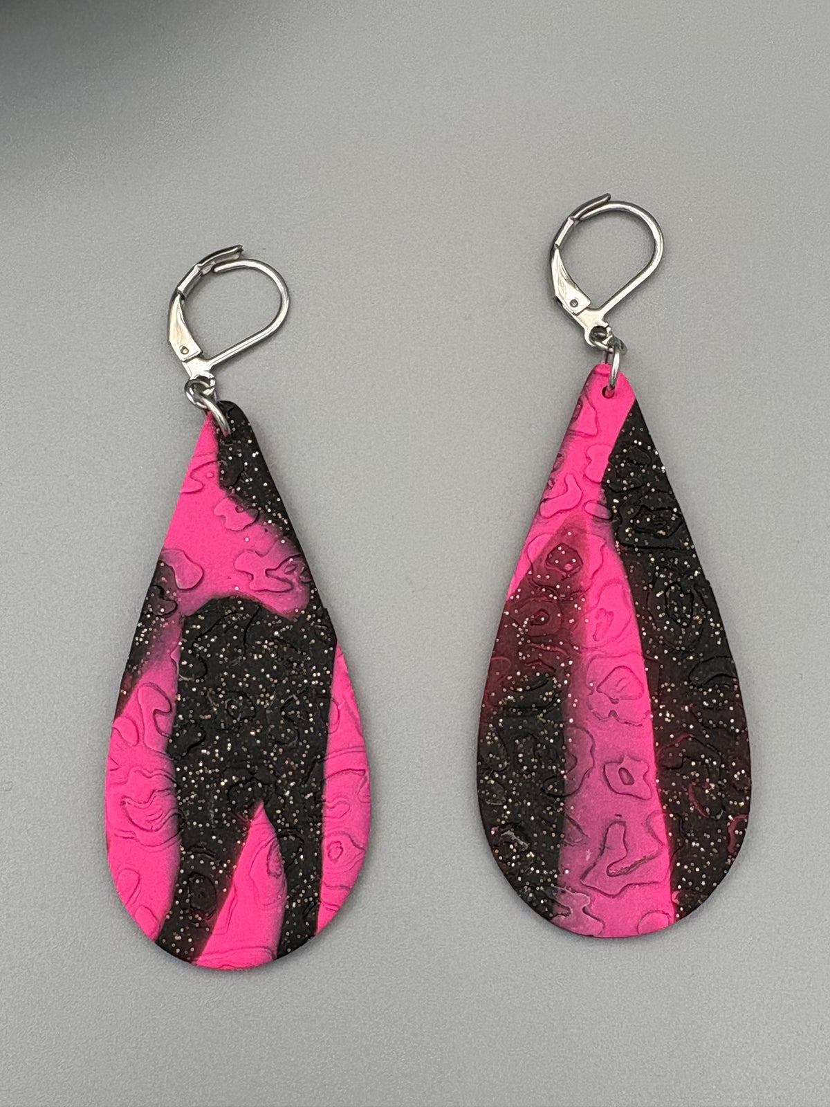 Pink & Black Leopard Drop Dangle Earrings - handcrafted polymer clay earrings by Lakeside Clay